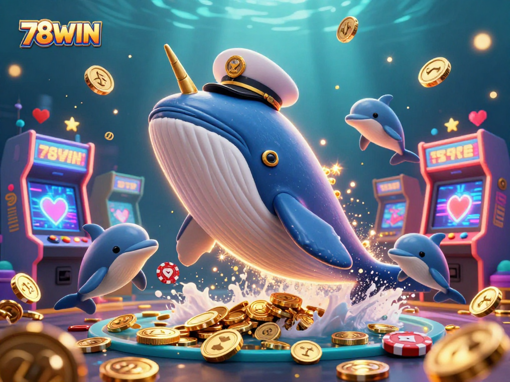 Experience the thrill of gaming with the vibrant 78WIN scene featuring a whale, narwhal, and dolphins in a rich underwater casino environment.