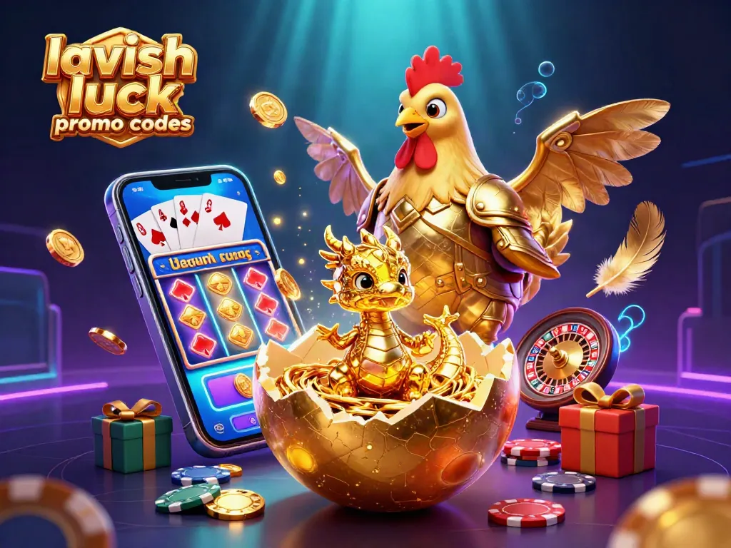 Engage with lavish luck promo codes as you explore a vibrant 3D casino scene filled with gold-themed game elements.