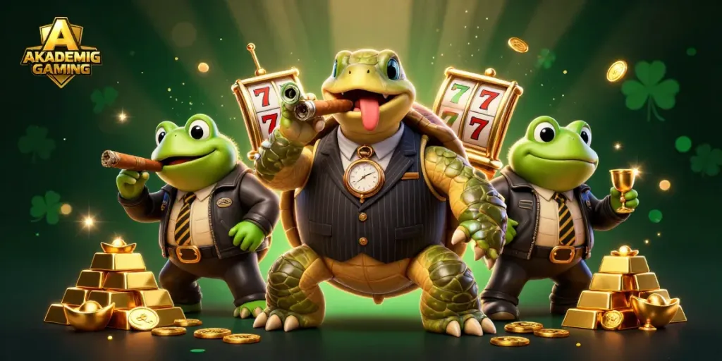 Engage with AKADEMIGAMING: A vibrant casino scene featuring a snapping turtle in a mobster suit amidst slots and treasures.