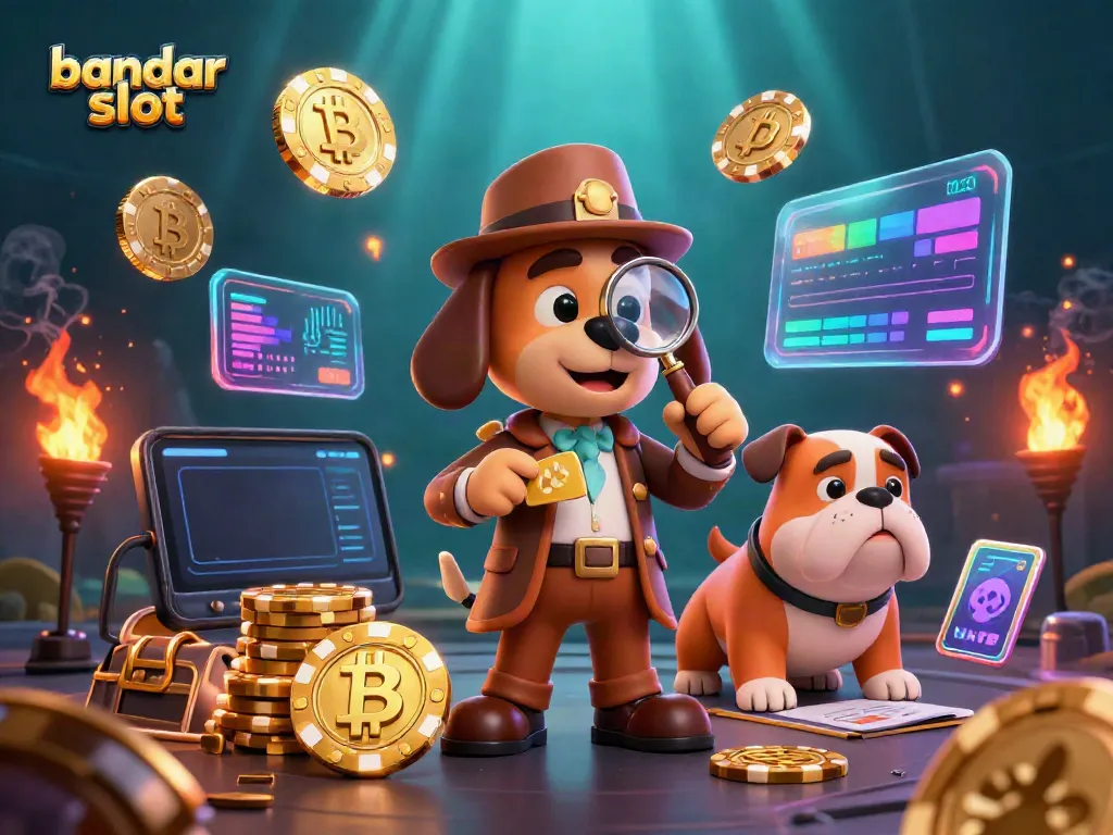 Menangkan permainan di bandar slot dengan ilustrasi mendetail karakter detektif dan bulldog.