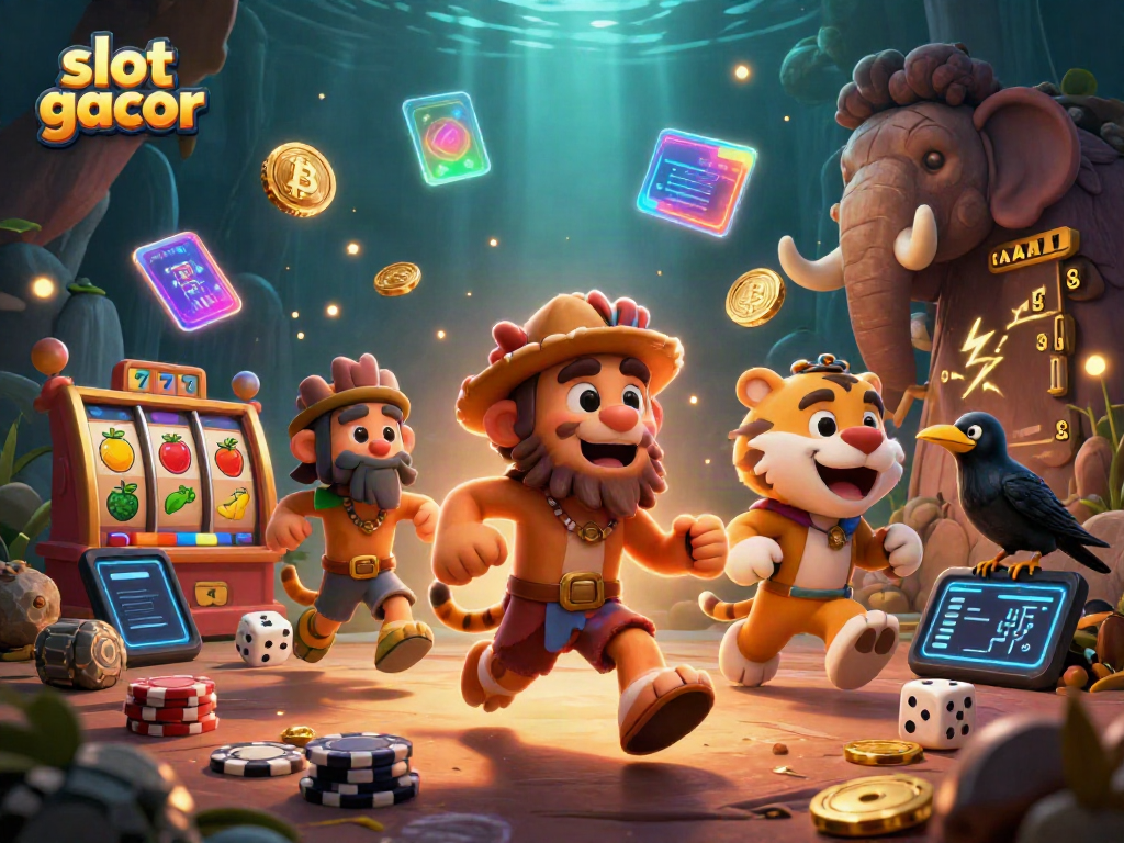 Bermain slot gacor dengan karakter kartun 3D kuno dan harimau sabertooth di kasino prasejarah.