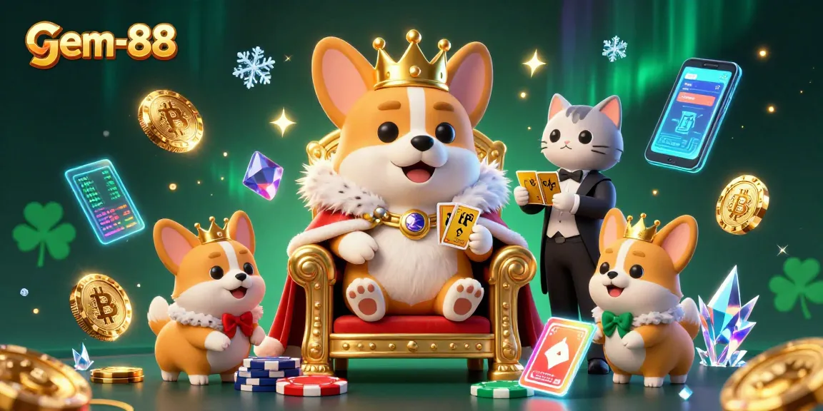 Engage with gem-88 at the vibrant royal corgi casino showcasing neon crypto elements and poker themes.