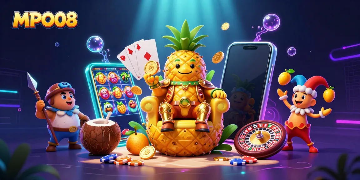 MPO08 brings excitement with a golden pineapple king and colorful casino elements in a vibrant 3D scene.