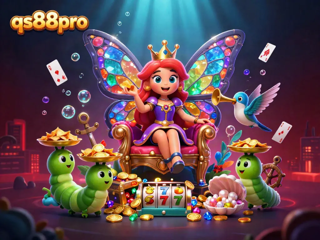 Experience qs88pro's vibrant casino adventure with a cartoon butterfly queen, chips, and slot elements.