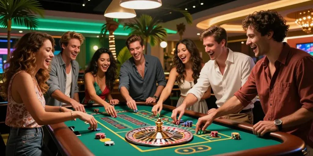Verde Casino Spieler am Roulettetisch in einer lebhaften tropischen Atmosphäre.