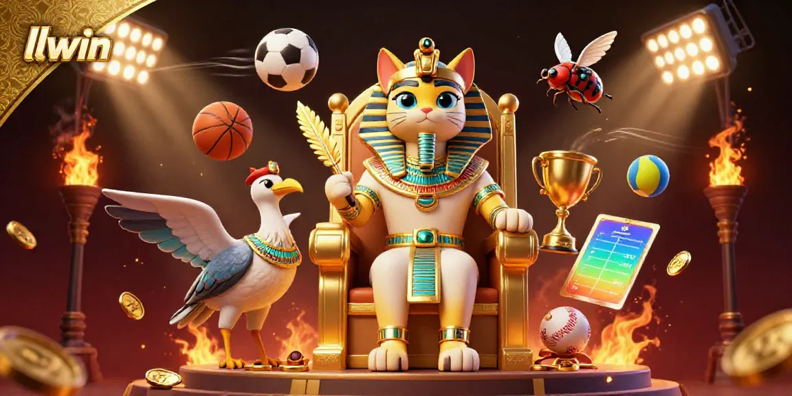 Engage with llwin's vibrant online casino experience featuring an Egyptian pharaoh cat and dynamic sports elements.