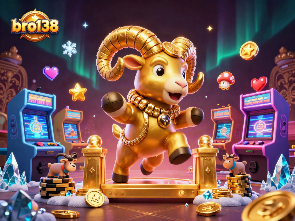Experience thrilling action with bro138 in a colorful 3D casino scene featuring a massive golden ram.