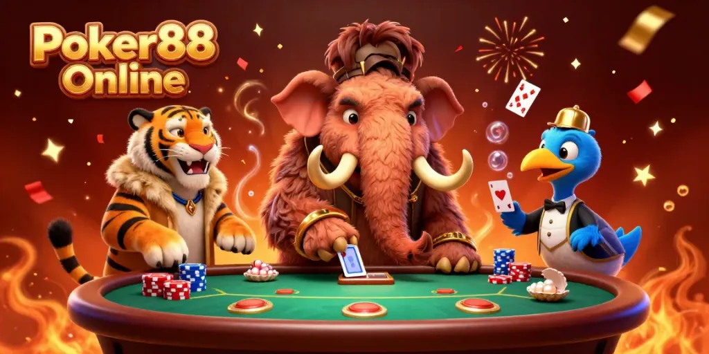 Engage in fun poker games at Poker88 Online surrounded by vibrant characters in a dynamic casino scene.