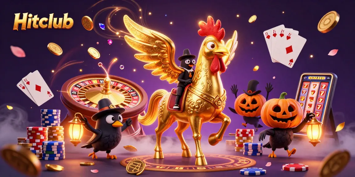 Experience the excitement of Hitclub with a festive casino scene featuring a golden rooster and vibrant game elements.