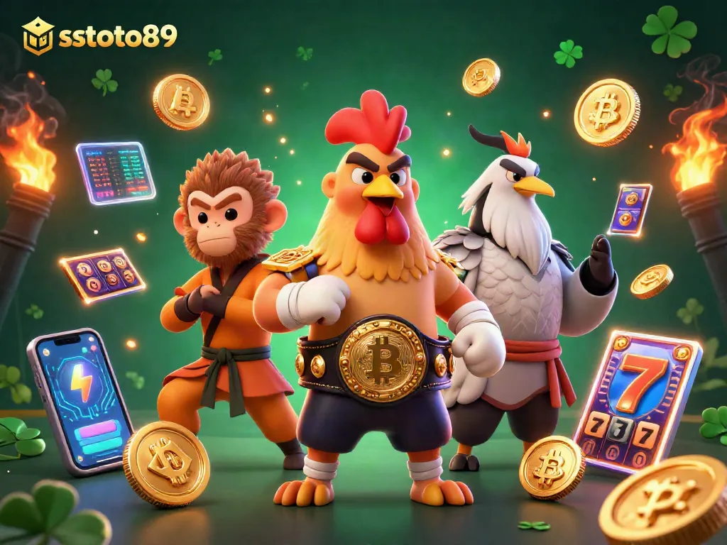 Sstoto89 menggiurkan dengan simbol perjudian slot dan dikelilingi uang kripto neon