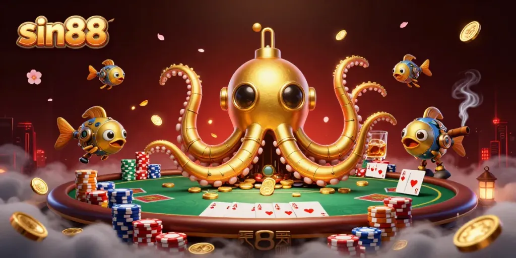 Engage with sin88's exciting online casino experience featuring a golden kraken submarine amidst vibrant casino elements.