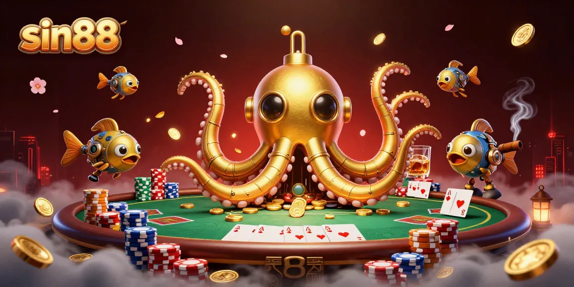 Engage with sin88's exciting online casino experience featuring a golden kraken submarine amidst vibrant casino elements.