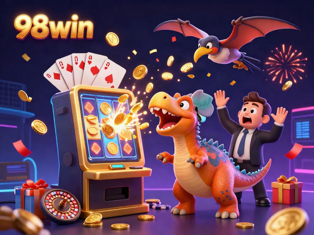 Experience the thrill of winning with 98win as a pachycephalosaurus hits a jackpot, surrounded by casino elements.