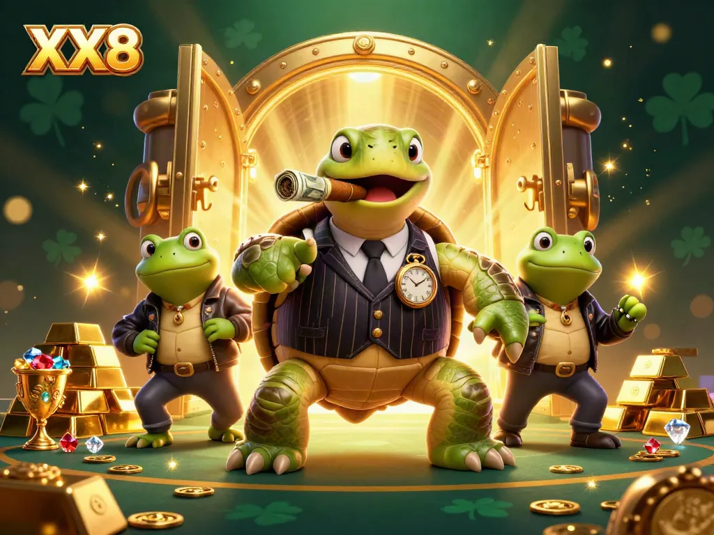 Experience the thrill of XX8 with a dynamic 3D casino scene featuring treasures and lively characters.