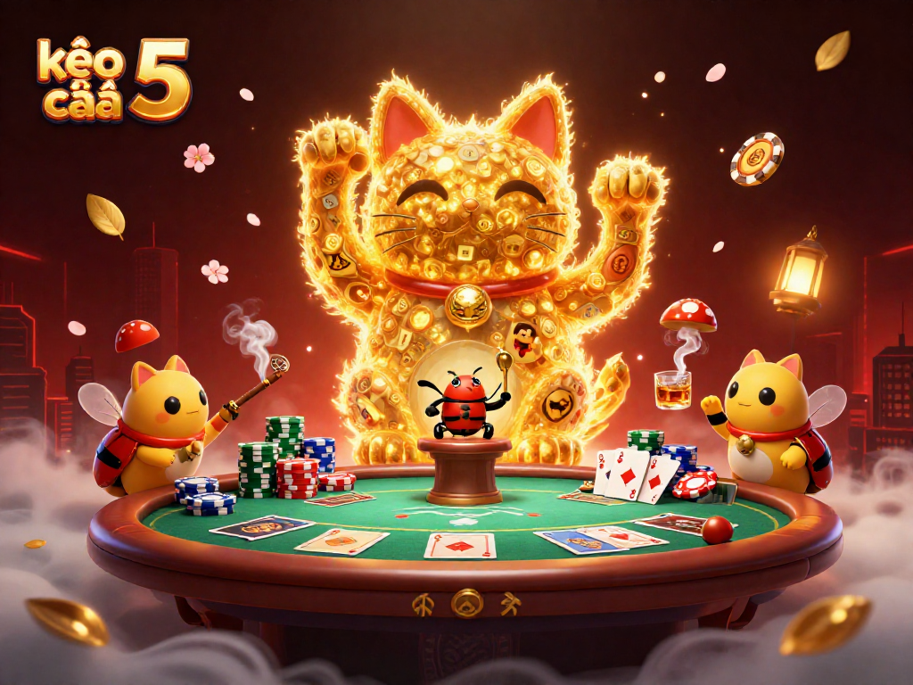 Engage in kèo nhà cái 5 with a dynamic scene featuring a giant lucky cat and poker excitement.