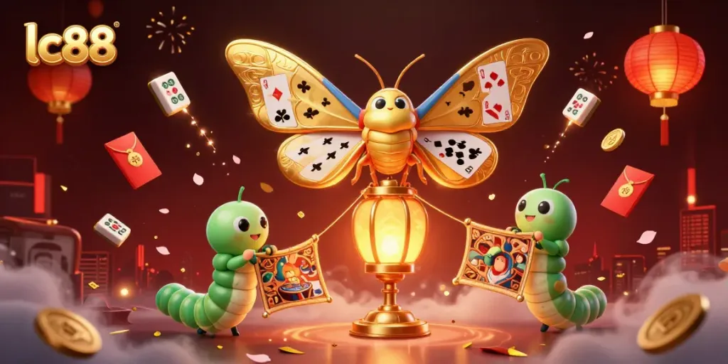 Spin and win at lc88, highlighted by a vibrant 3D cartoon moth and golden lanterns in a dynamic casino scene.