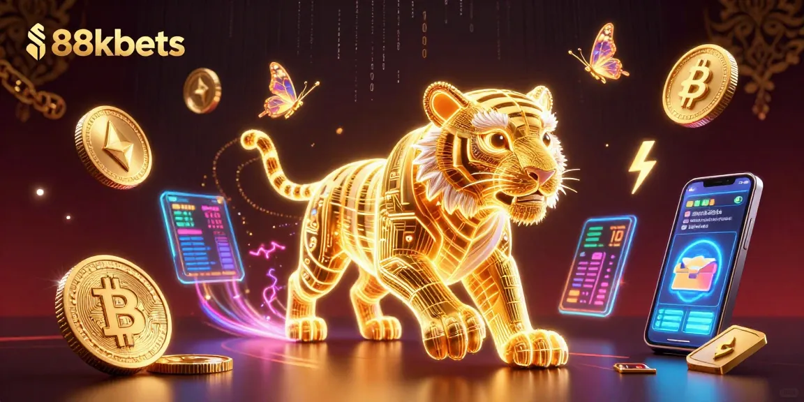 Engage with thrilling 88kbets casino experiences featuring a neon-wireframe tiger and crypto elements.
