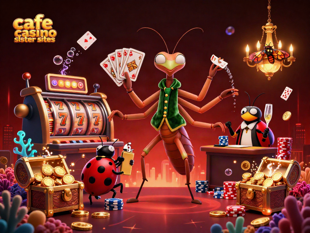 Engage with cafe casino sister sites, featuring a dynamic 3D casino scene with vibrant characters and game elements.