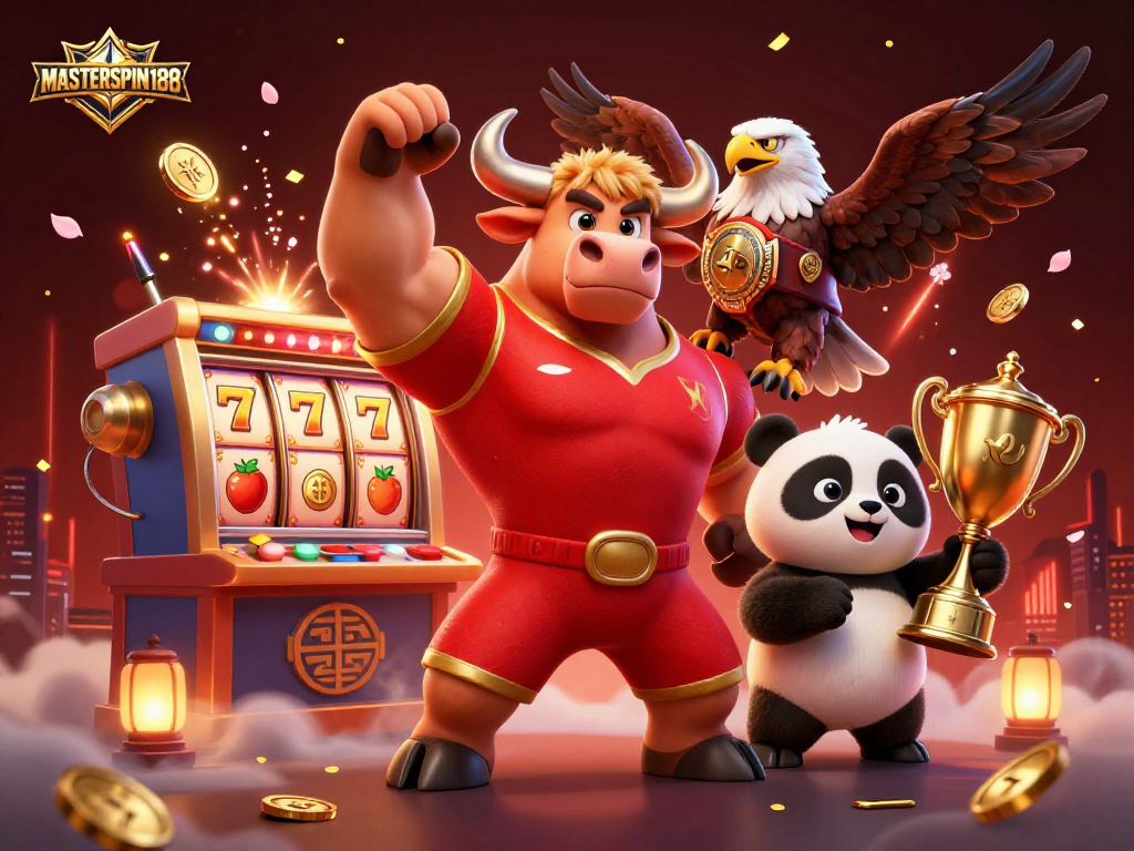 Engage with thrilling slots at MASTERSPIN188, featuring a bull mascot, eagle, and panda celebrating wins.