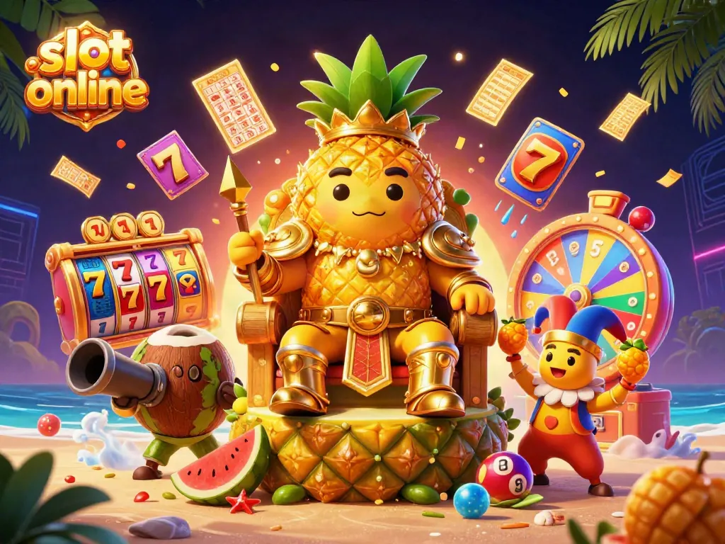Jelajahi slot online dengan ilustrasi 3D yang menampilkan raja nanas, penjaga kelapa, dan badut mangga di kasino pantai.