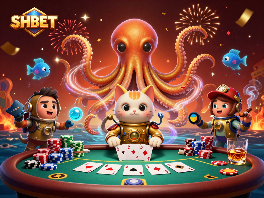 Experience thrilling opportunities at SHBET with a vibrant casino scene featuring a kraken and lucky poker elements.
