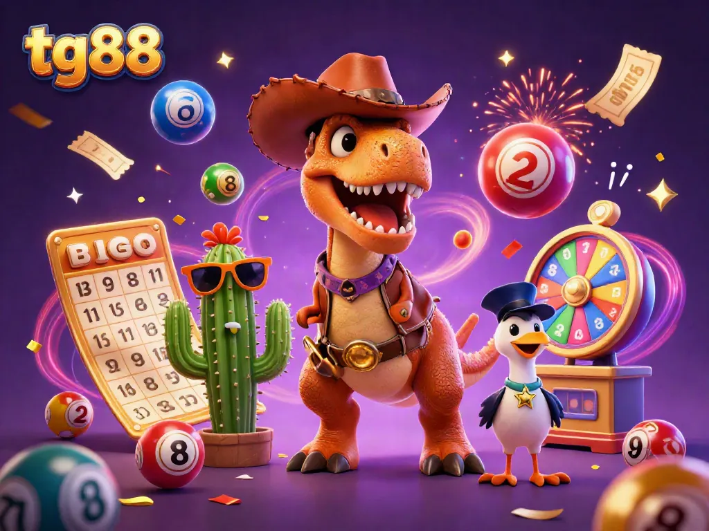 Engage with tg88 as a lively cartoon dinosaur and friends join a vibrant casino celebration.