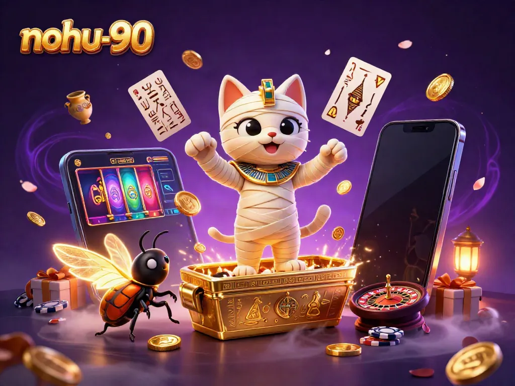 Experience excitement at nohu-90 with an Egyptian mummy cat and casino games in a vibrant scene.