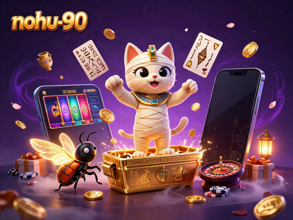Experience excitement at nohu-90 with an Egyptian mummy cat and casino games in a vibrant scene.