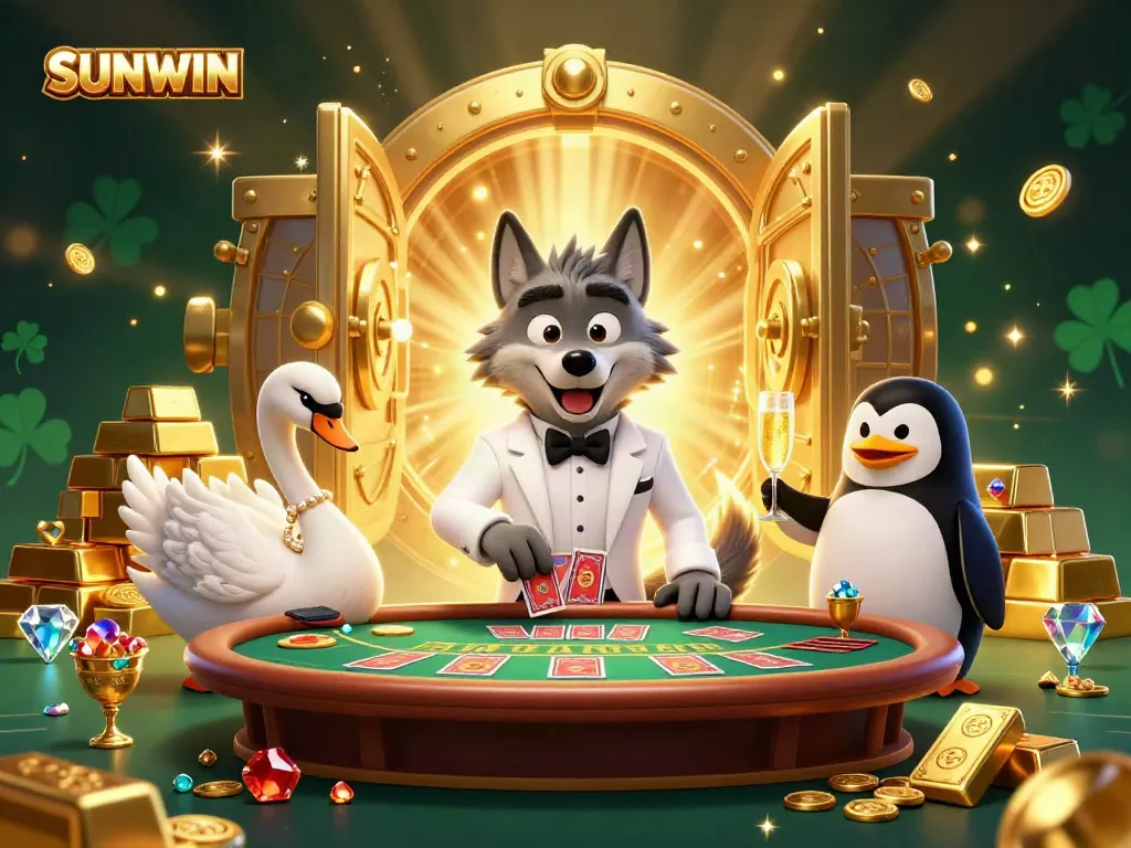 Experience the excitement of SUNWIN with a lively baccarat scene featuring a debonair wolf, elegant swan, and a penguin sommelier.