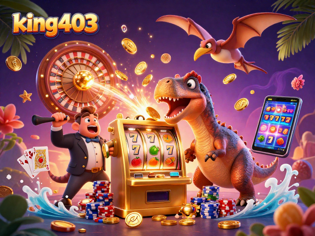 king403 delights players with thrilling jackpot action from the golden slot machine surrounded by colorful elements