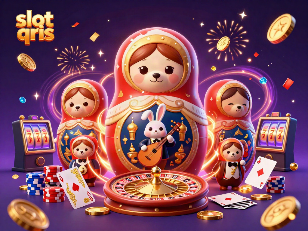 Bermain slot qris dengan tema menarik dan karakter 3D, dikelilingi koin emas dan batu berkilau.
