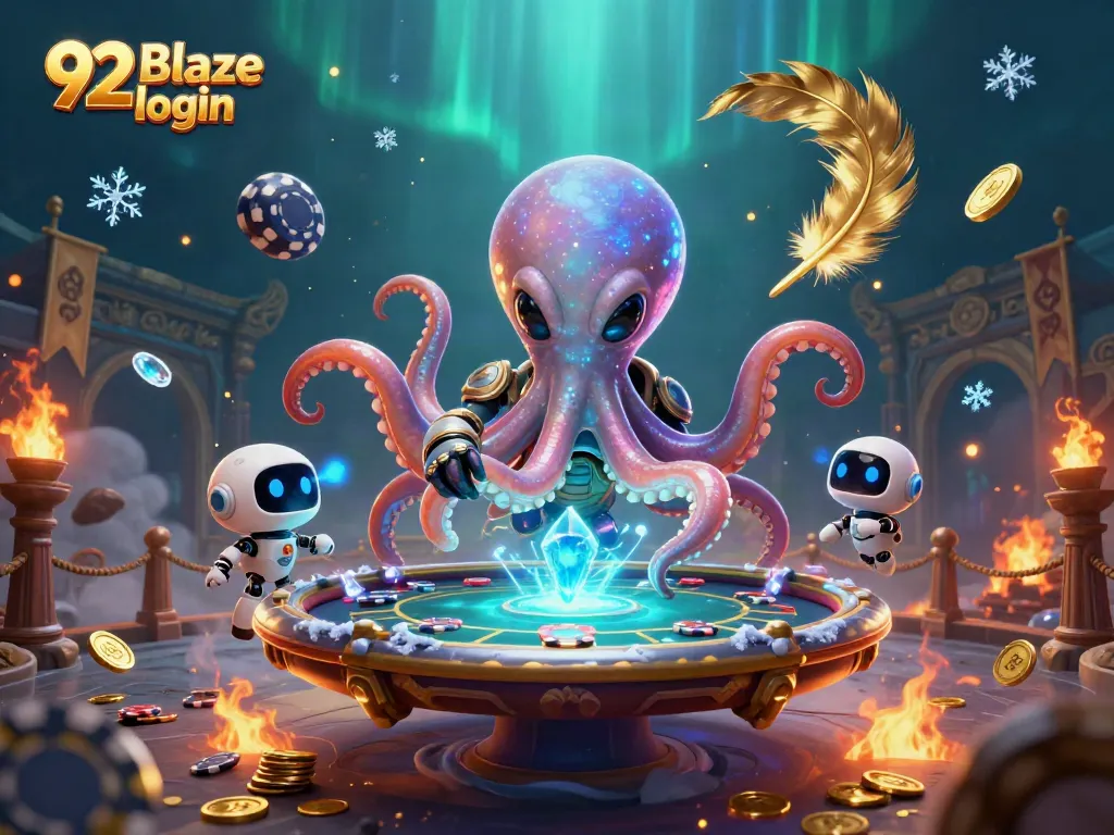 Engage with your favorite games on 92 Blaze login, featuring an alien octopus at a poker table among vibrant cosmic elements.