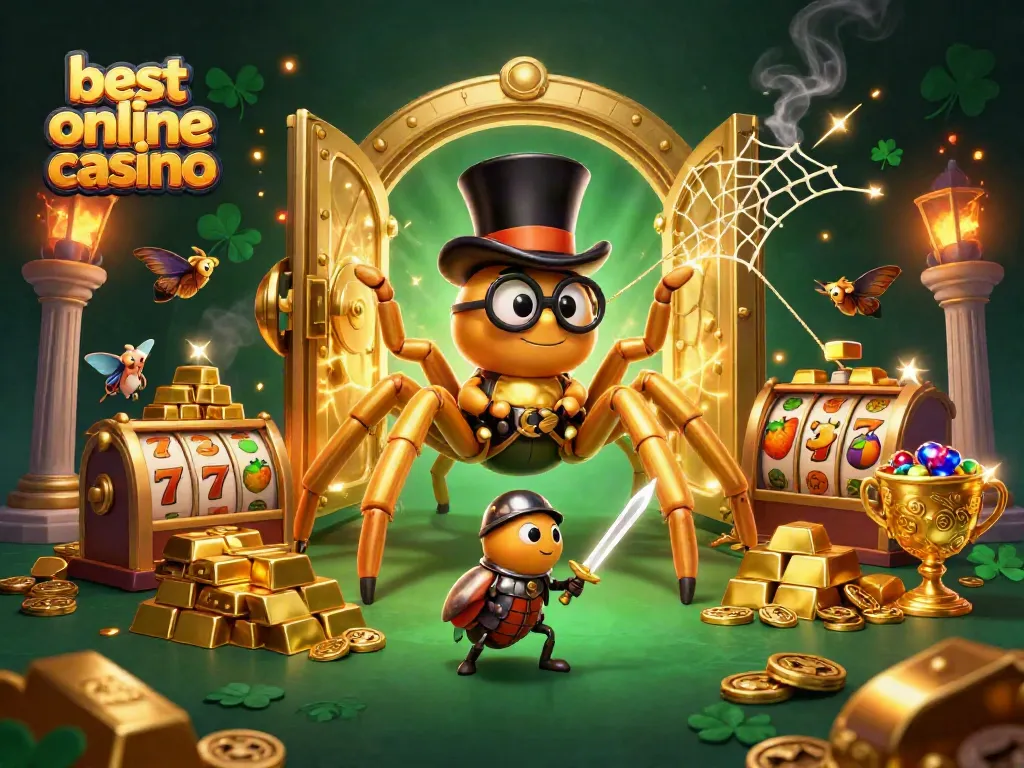 Experience the thrill at the best online casino with this vibrant 3D illustration of a golden tarantula and magical elements.