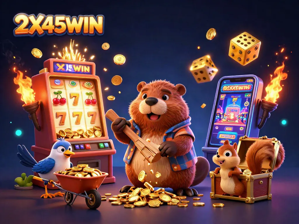 Permainan 2X45WIN dengan karakter berang-berang pemotong pohon dan slot mesin emas yang mengeluarkan koin