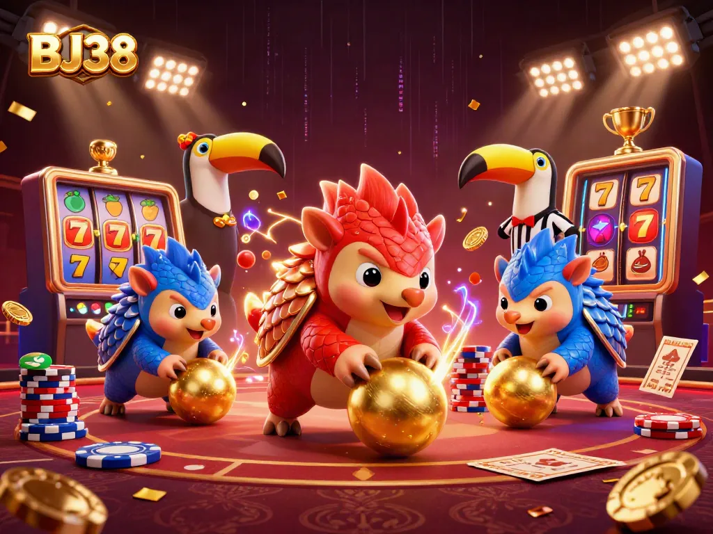 Competing pangolins in BJ38 casino scene with vibrant slot elements and dynamic motion.