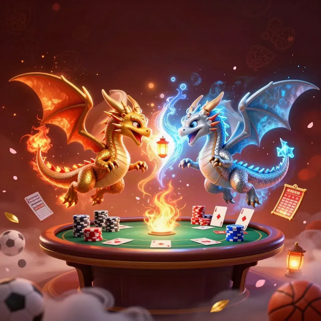 Twin gold and silver dragons spiral above poker props in an ember-lit casino scene.