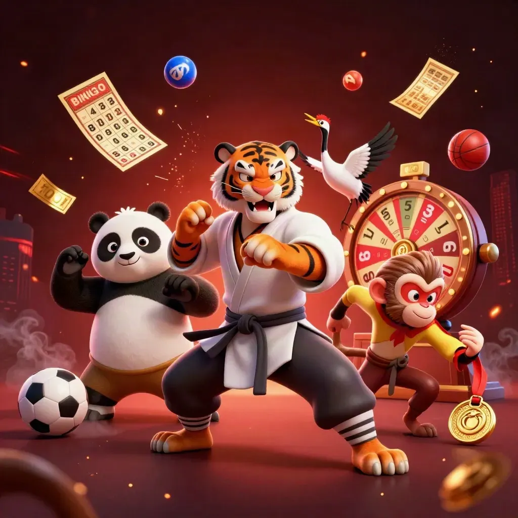 Kung-fu tiger, panda, and monkey amid casino props, embers, and neon skyline glow.
