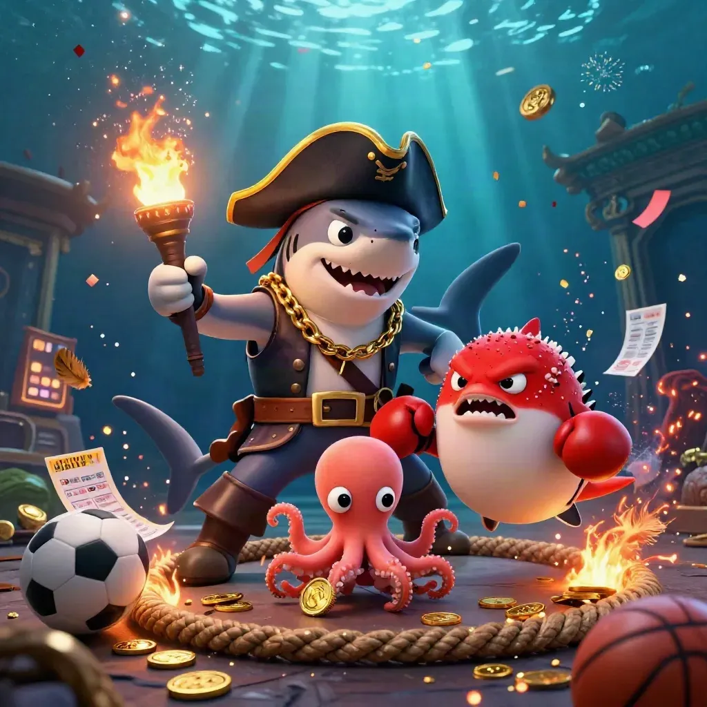 Pirate shark, boxing pufferfish, and coin-juggling octopus in an underwater casino arena.