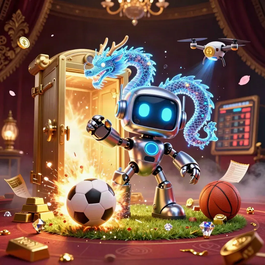 Robot mascot, holographic dragon, and drone amid exploding vault gold, balls, and casino glow.