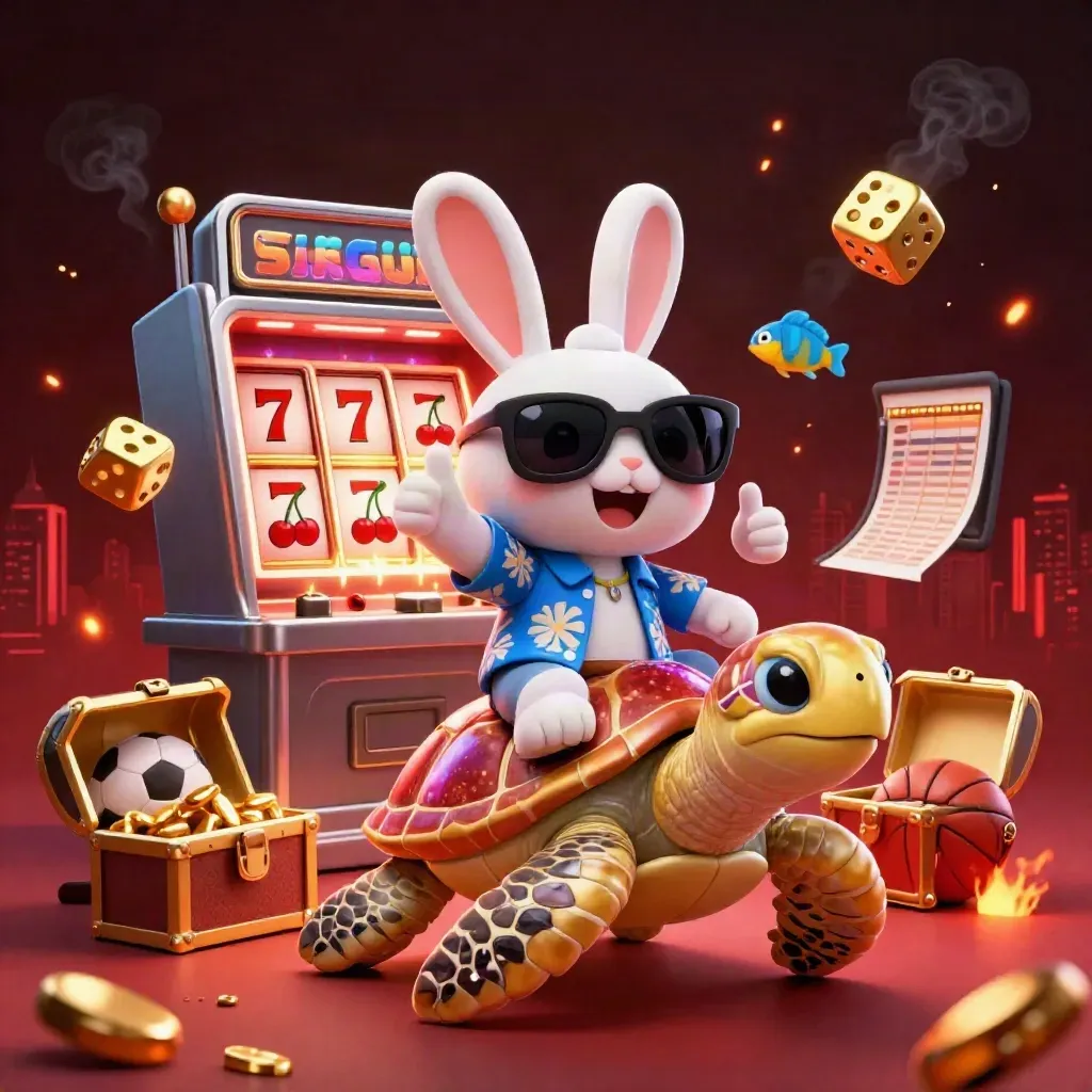 Lucky rabbit on a golden sea turtle amid slot icons, gold, embers, and neon red-black glow.