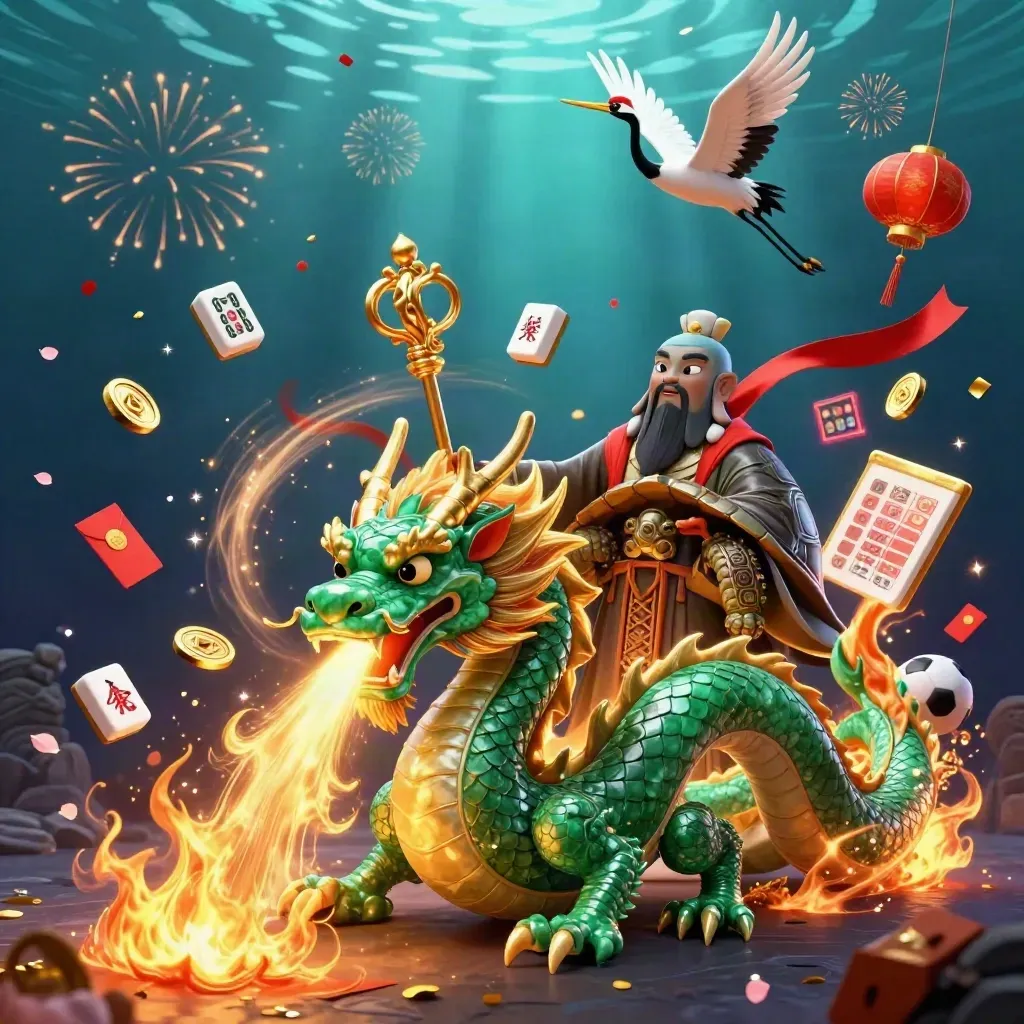 Jade dragon, turtle sage, and cranes amid casino-style effects and gold fire.