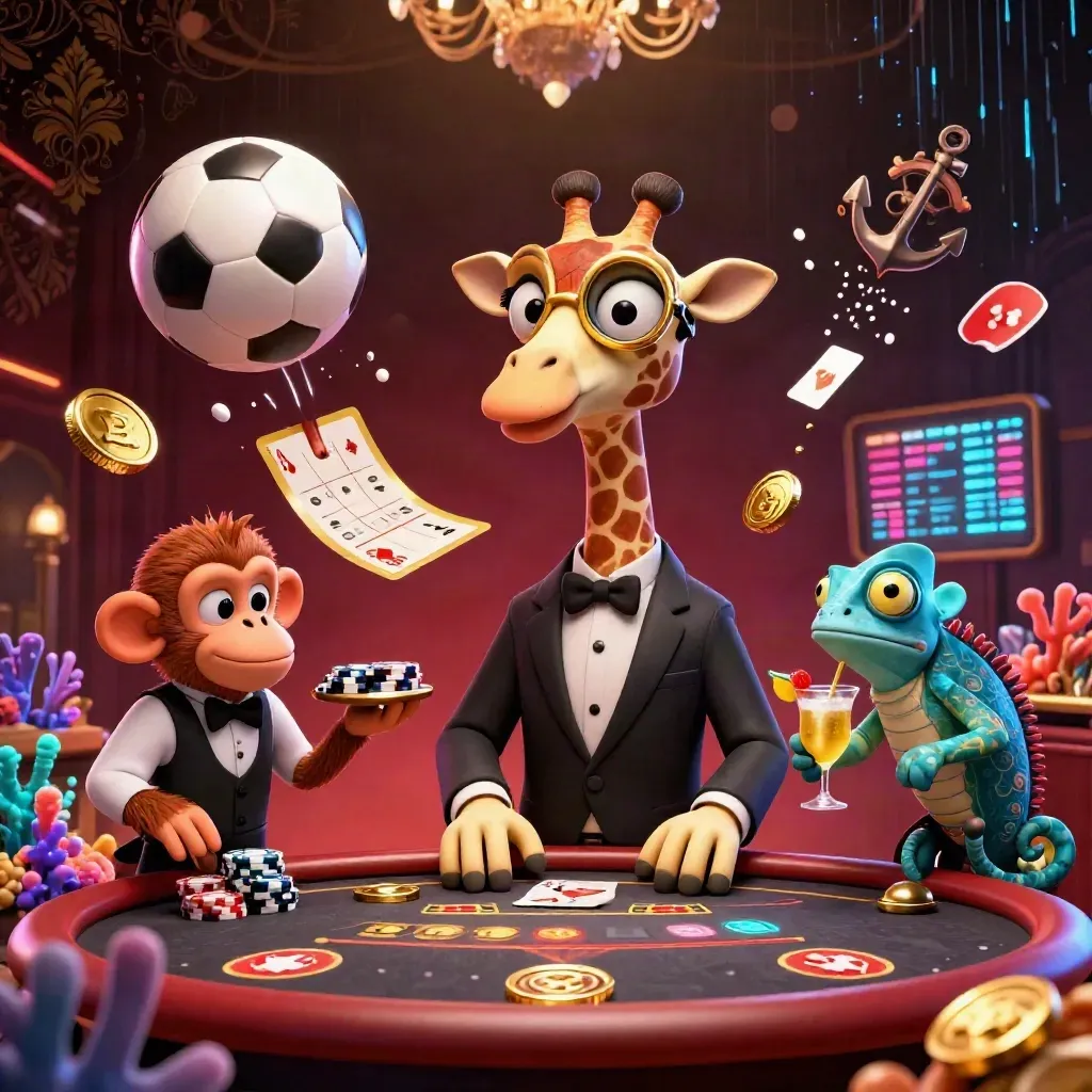 Luxury casino animals with flying sports balls, gold coins, and dark neon lighting.