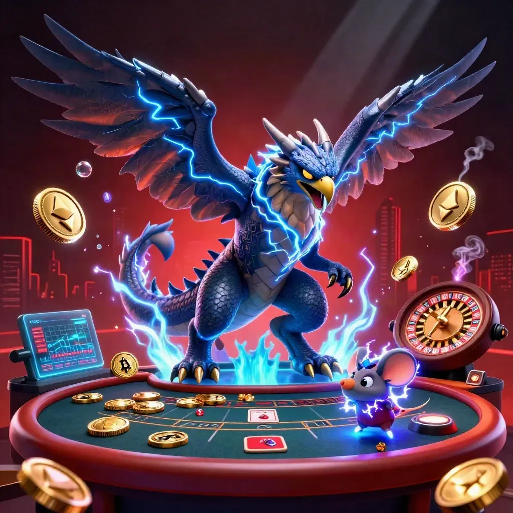 Electric casino dragon, hawk, and mouse over a luxe brass table with neon crypto elements.