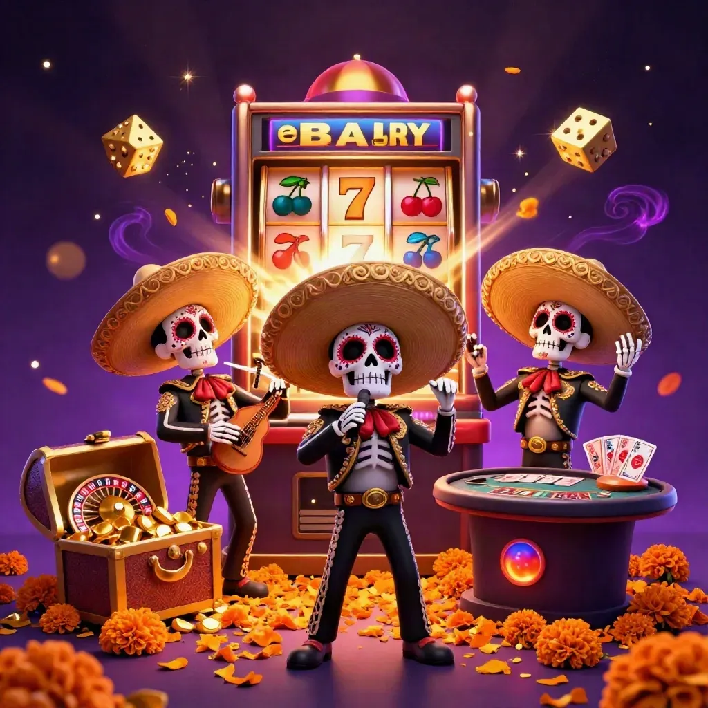 Skeleton mariachi trio amid slot machine burst, gold, dice, starfield, and casino glow