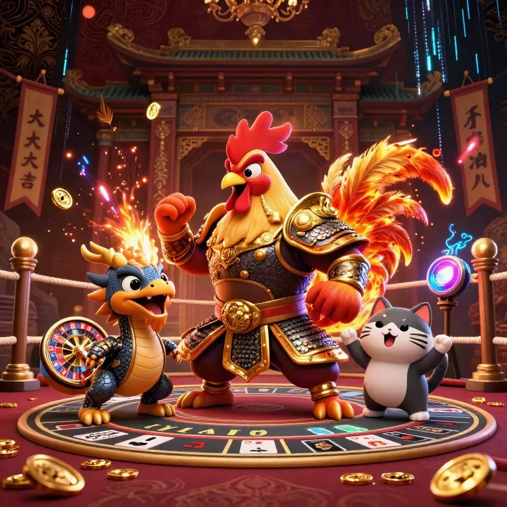 Rooster samurai, spark-breathing hatchling, and cheering fortune cat in a luxe casino glow.