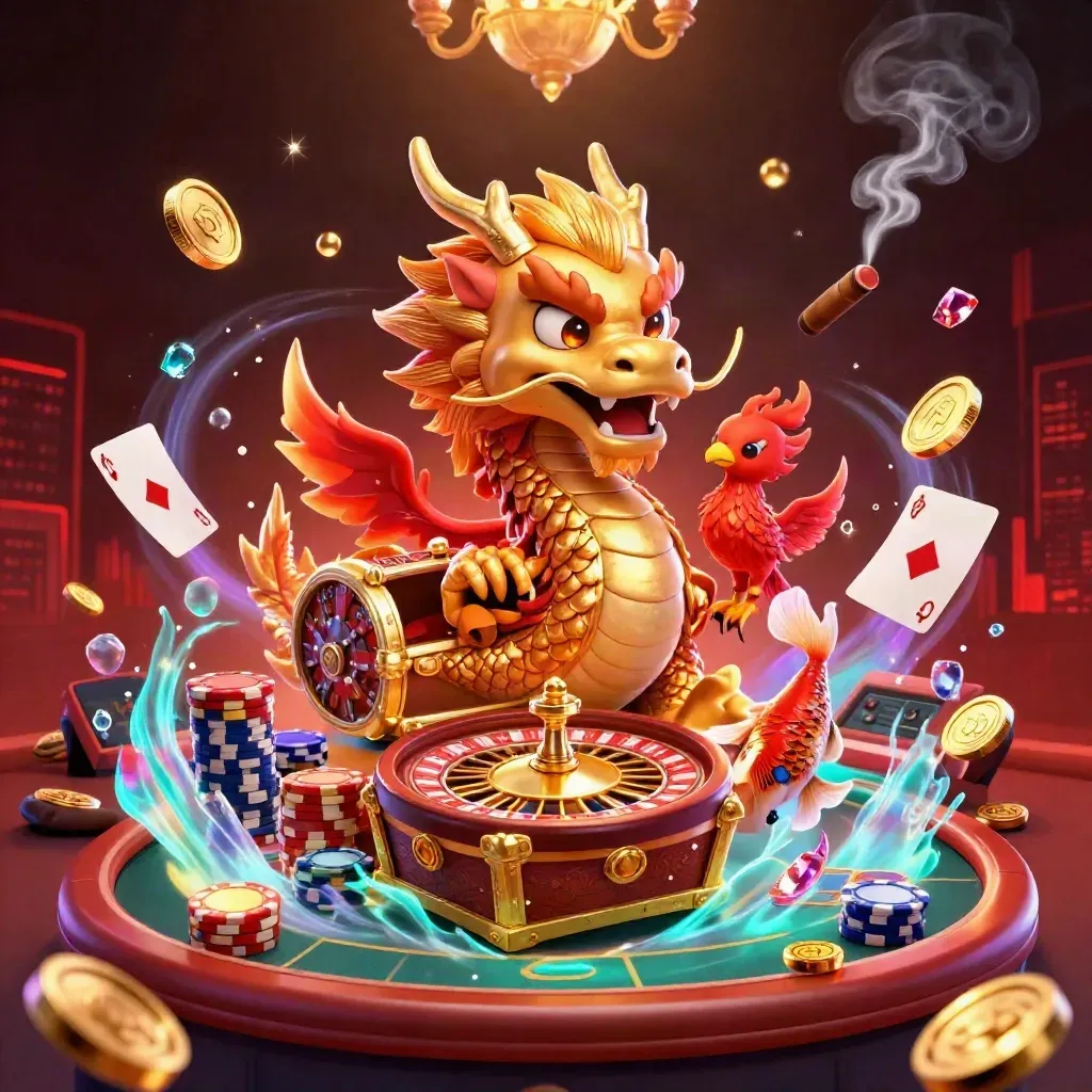 Golden dragon casino fantasy with coins, chips, cards, roulette, and neon effects.