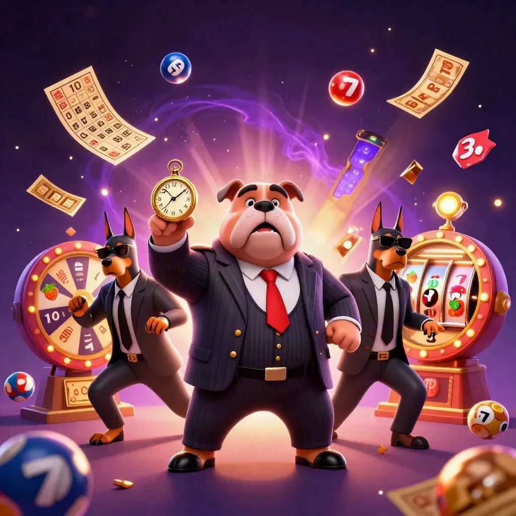 Bulldog boss and Dobermans amid casino chaos, blue magic, gold sparks, dark neon energy.