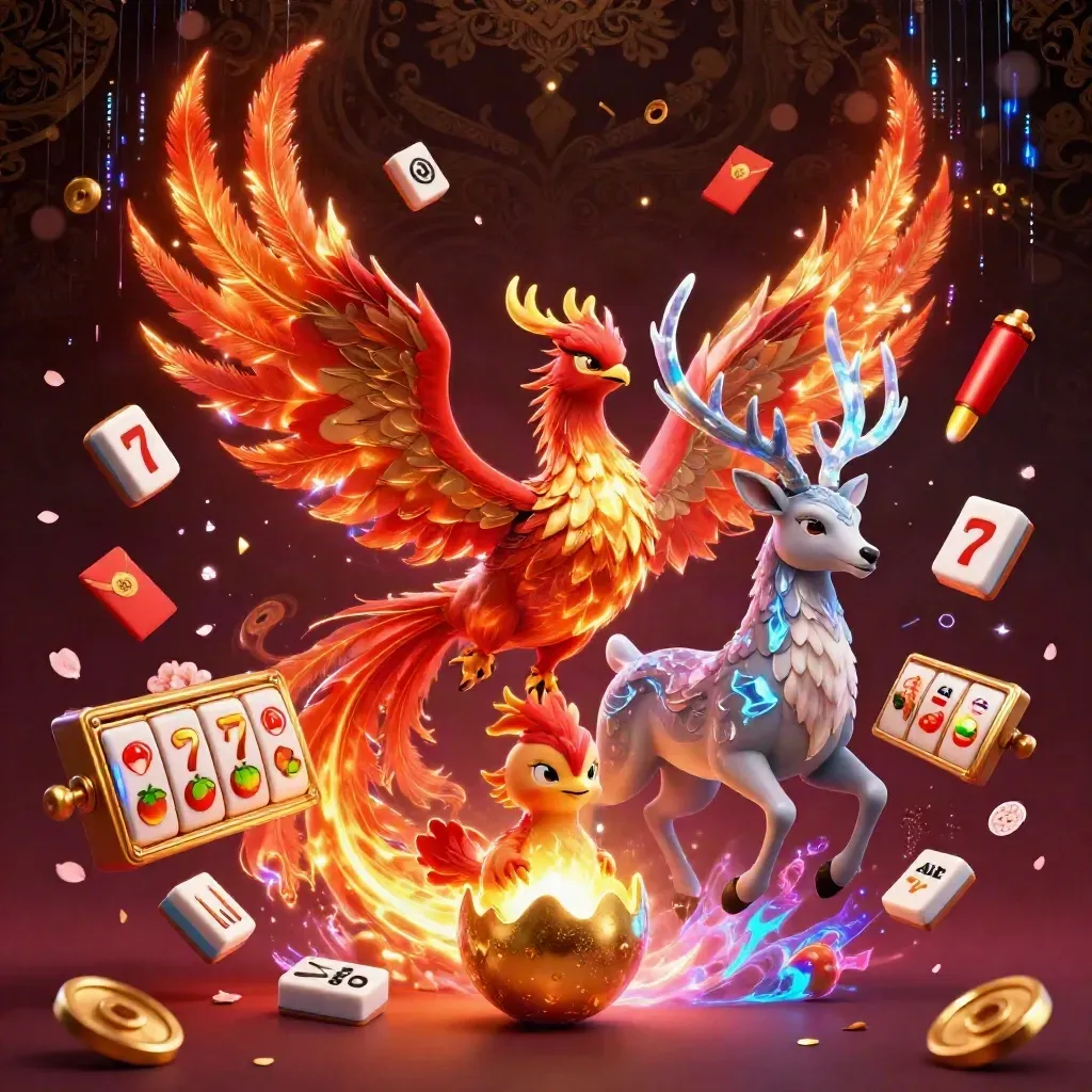 Fire phoenix, hatching baby phoenix, and crystal stag amid casino treasures on a luxe dark backdrop