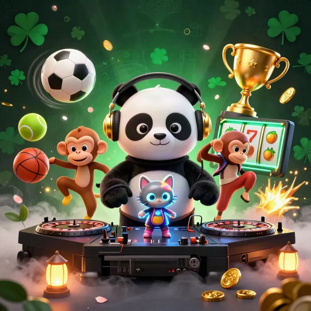 Panda DJ, breakdancing monkey, and glow-stick kitten amid casino sports chaos and golden effects.