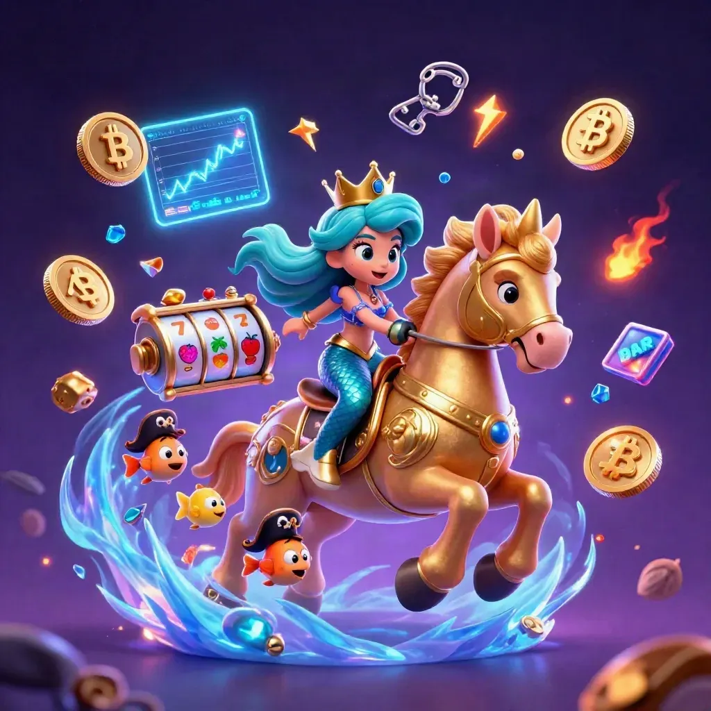 Mermaid princess rides a golden seahorse amid coins, fish, lightning and cosmic casino glow.